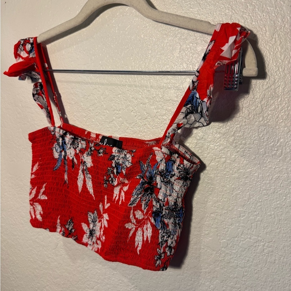Lulus Red Tropical Print Floral Smocked Cropped Top Ruffle Straps Vacation S - Picture 4 of 6